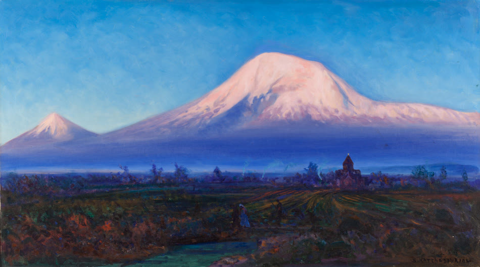Painting of Mount Ararat glowing pink above a dark plain and a small church