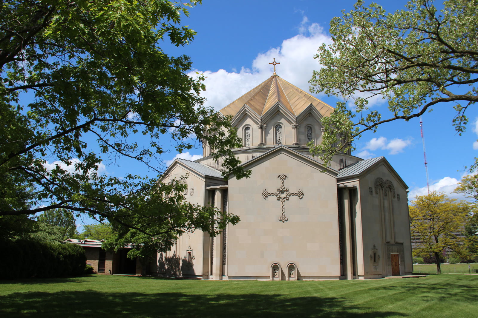 St. John Armenian Church in Southfield, with its gold dome framed by trees